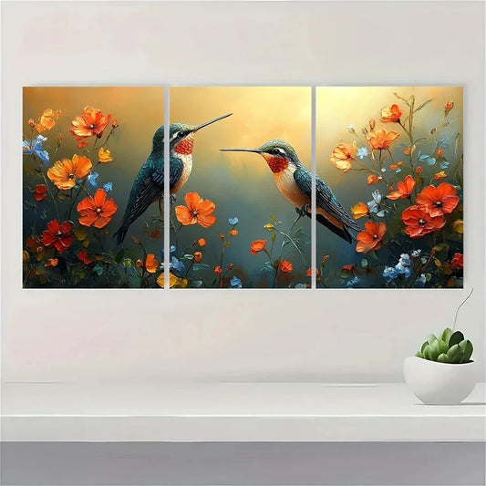 3pcs Hummingbirds and Colorful Flowers Metal Print Ready to Hang Art