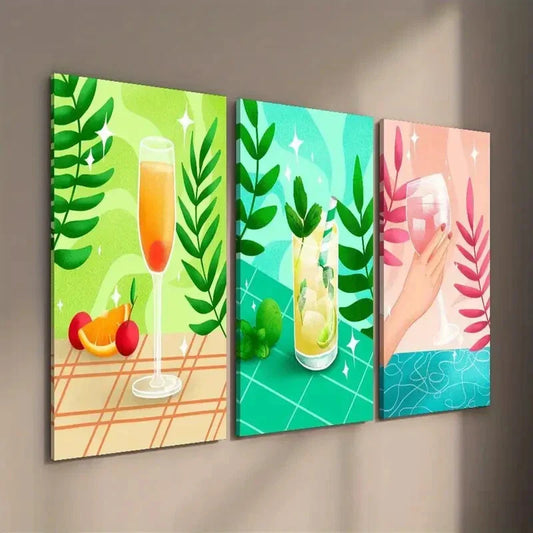 3pcs Vibrant Drink & Plant Leaf Designs Wall Art Set Canvas Framed 40x60cm - High Quality Print 100% Australian Made Wall Canvas Ready to Hang