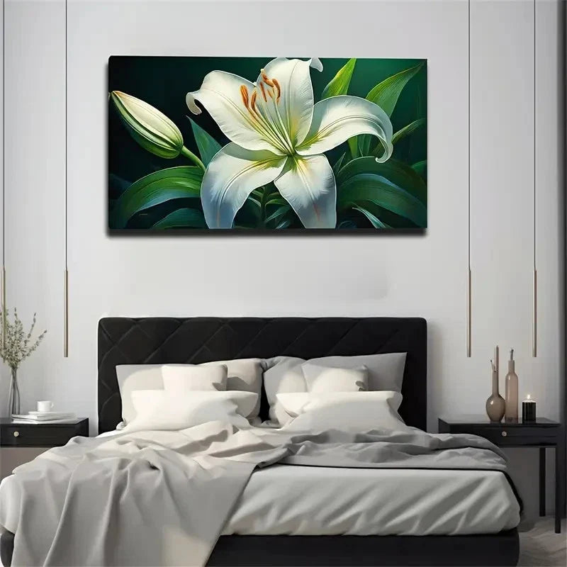 Elegant White Lily Wall Art Canvas Office Home Room Framed 80x45cm