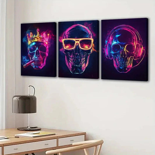 3pcs Abstract Neon Skeletons Glow Gold Rose Blue Wall Art Set Canvas Framed 40x60cm - High Quality Print 100% Australian Made Wall Canvas Ready to Hang