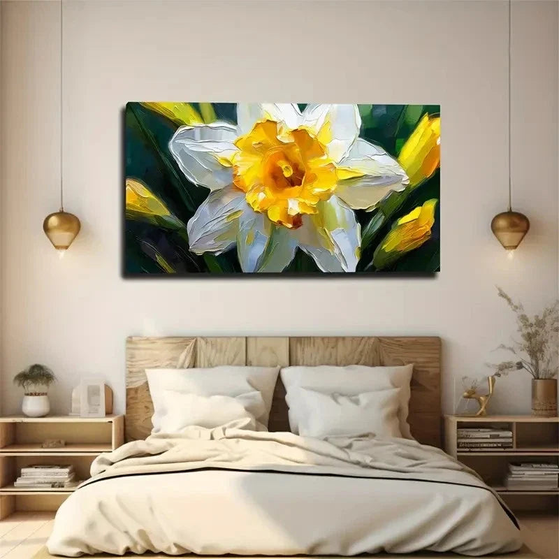 White Daffodil Flower Wall Art Canvas Office Home Room Framed 80x45cm