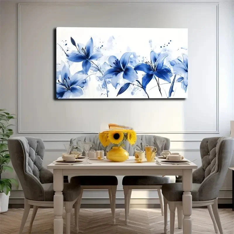 Blue Floral Modern Aesthetic Wall Art Canvas Office Home Room Framed 80x45cm