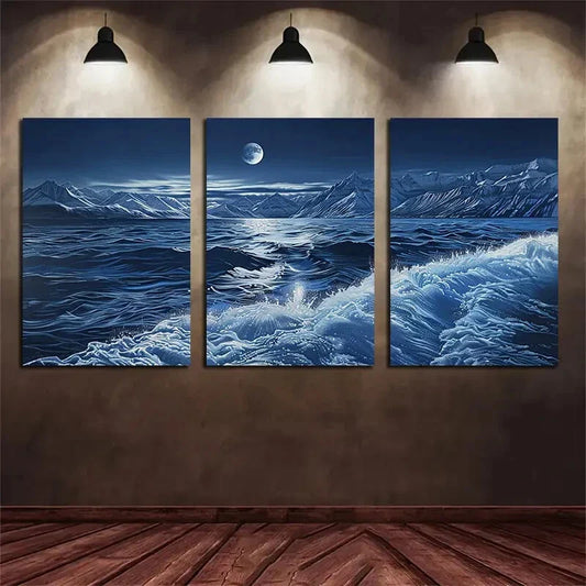 3pcs Moonlight Ocean Wave White Stones Metal Print Ready to Hang Art