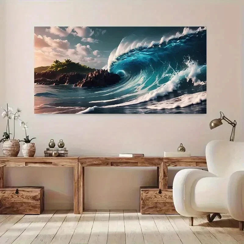 Ocean Wave Rocky Shore Coastal Wall Art Canvas Office Home Room Framed 80x45cm