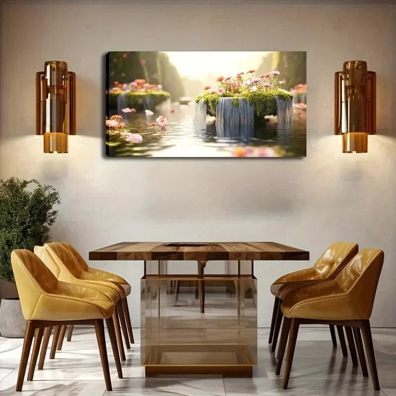 Waterfall & Blooming Flowers Wall Art Canvas Office Home Room Framed 120x60cm