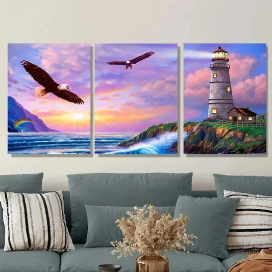 3pcs Sunset Lighthouse & Eagles Triptych Wall Art Set Canvas Framed 40x60cm - High Quality Print 100% Australian Made Wall Canvas Ready to Hang