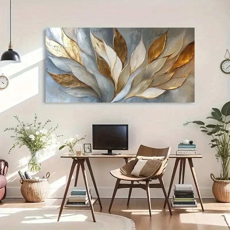 Elegant Abstract Leaf Tones Wall Art Canvas Office Home Room Framed 80x45cm