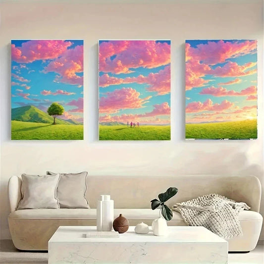 3pcs A Vibrant Landscape with Colorful Clouds Metal Print Ready to Hang Art
