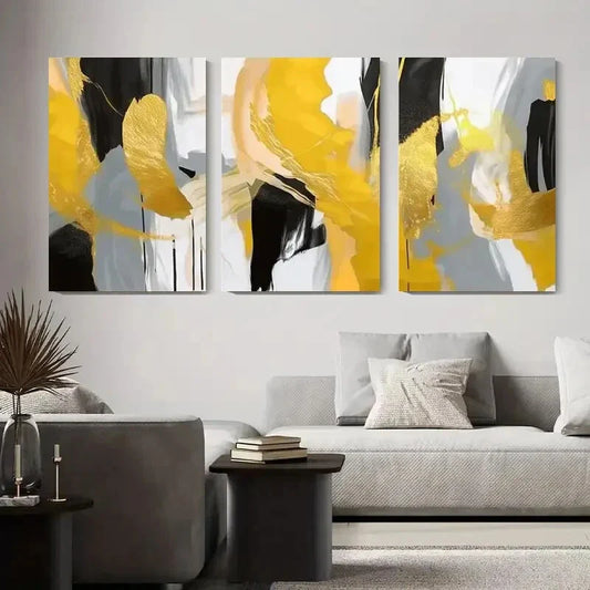 3pcs Abstract Golden and Black Abstract Art Gold Metal Print Ready to Hang Art