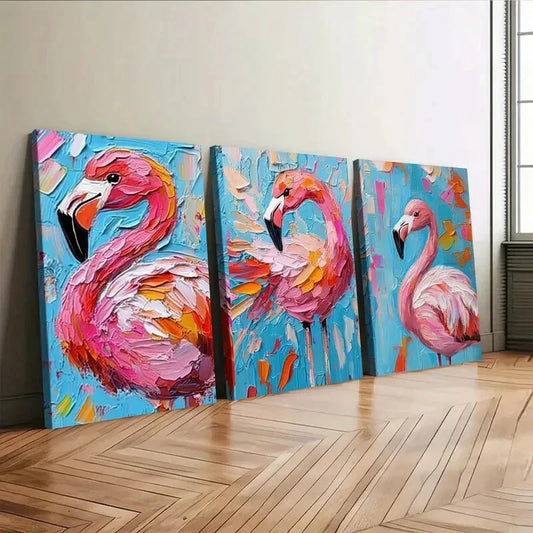 3pcs Colorful Pink Flamingo Oil Painting Elegant Wall Art Set Canvas Framed 40x60cm - High Quality Print 100% Australian Made Wall Canvas Ready to Hang