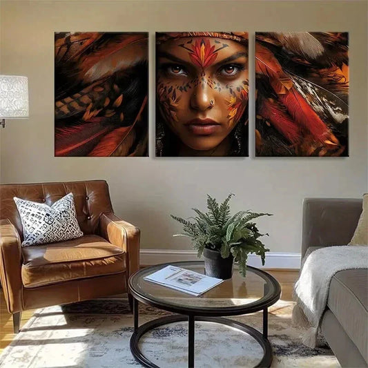 3pcs Indigenous Warrior Woman Beauty Prefect Wall Art Set Canvas Framed 40x60cm - High Quality Print 100% Australian Made Wall Canvas Ready to Hang