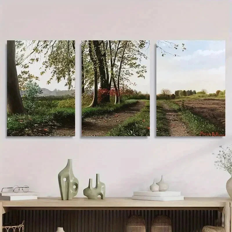 3pcs Tranquil Dirt Road with Trees & Wildflowers Metal Print Ready to Hang Art