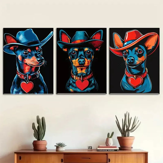 3pcs Vibrant Blue & Red Cowboy-Themed Dog Wall Art Set Canvas Framed 40x60cm - High Quality Print 100% Australian Made Wall Canvas Ready to Hang