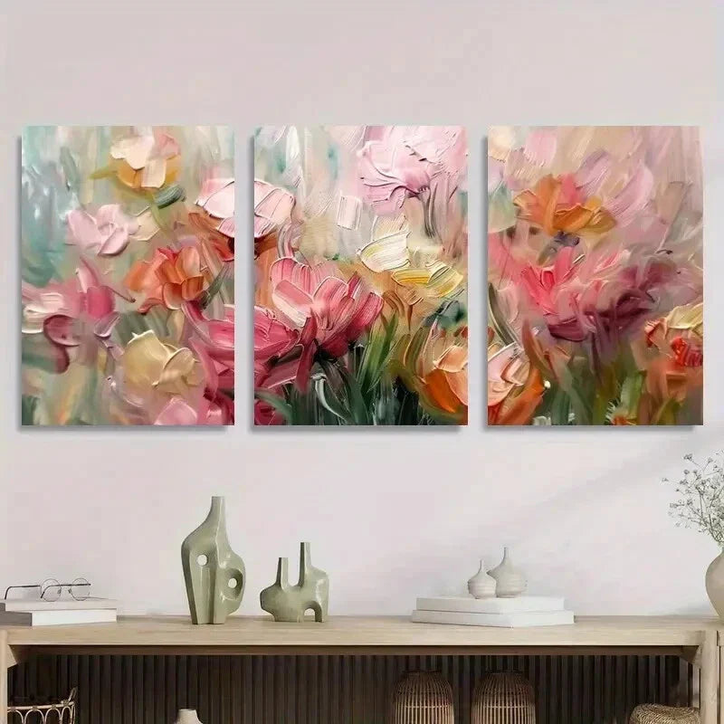 3pcs Soft Pink and Yellow Flower Bouquet Metal Print Ready to Hang Art