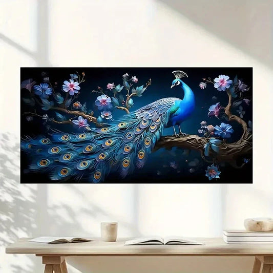 Vibrant Peacock Floral Wall Art Canvas Office Home Room Framed 80x45cm