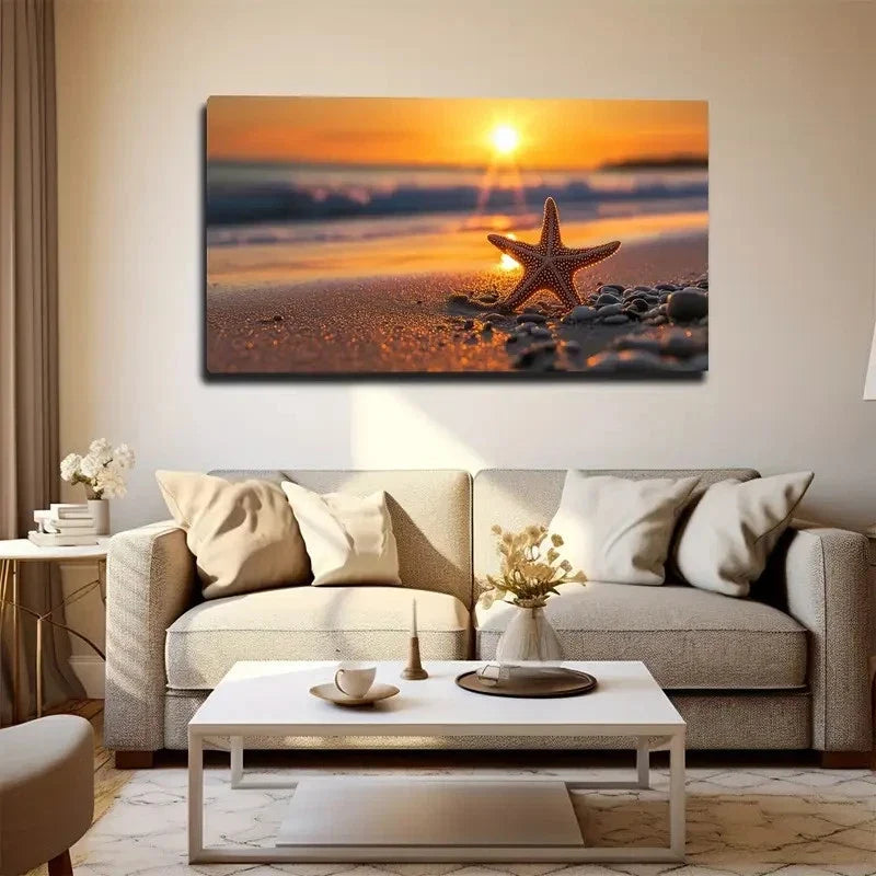 Sunset Beach With Starfish Wall Art Canvas Office Home Room Framed 120x60cm