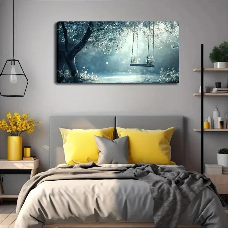 Tree Hangs Wooden Swing Wall Art Canvas Office Home Room Framed 120x60cm