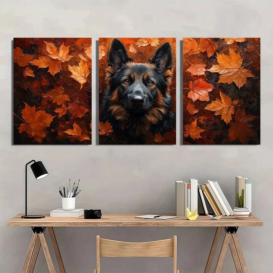 3pcs Black German Shepherd Dog Autumn Leaves Metal Print Ready to Hang Art