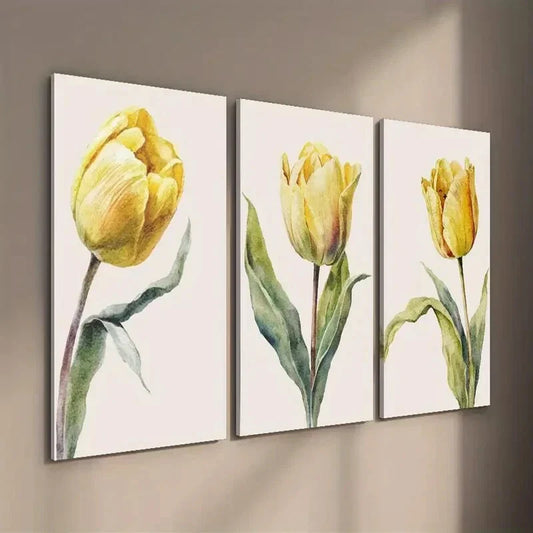 3pcs Vibrant Yellow & Green Tulip Wall Art Set Canvas Framed 40x60cm - High Quality Print 100% Australian Made Wall Canvas Ready to Hang