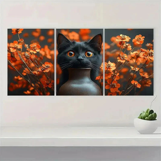 3pcs Funny Black Cat Vase Mishap Illustration Metal Print Ready to Hang Art