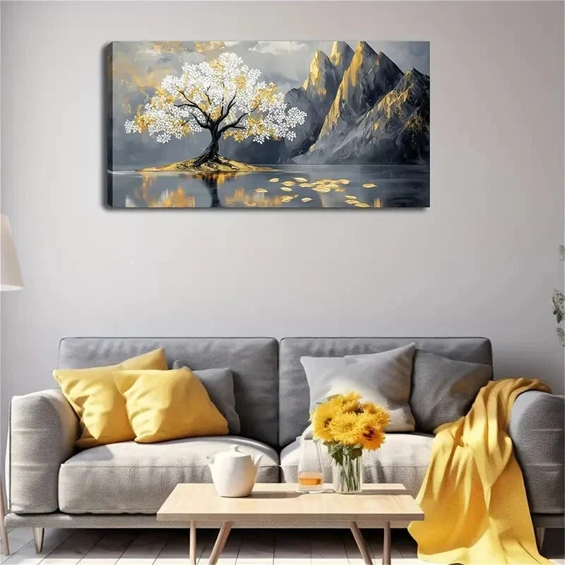 Nature Scene with Tree Gold Wall Art Canvas Office Home Room Framed 120x60cm