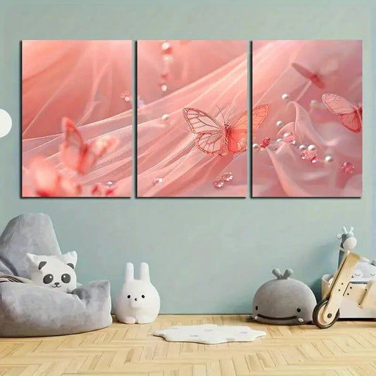 3pcs Butterfly Pink Floral Elegant Metal Print Ready to Hang Art