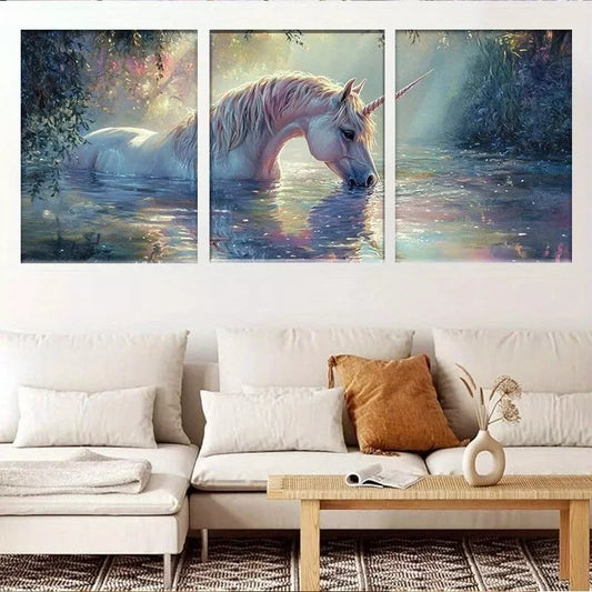 3pcs Mystical Unicorn Enchanted Fantasy Forest Wall Art Set Canvas Framed 40x60cm - High Quality Print 100% Australian Made Wall Canvas Ready to Hang