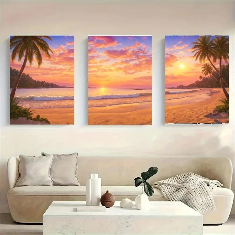 3pcs A Vibrant Sunset Over a Tropical Beach Metal Print Ready to Hang Art