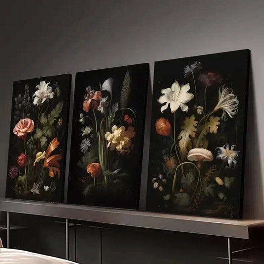 3pcs Dark Botanical Gallery Decor Wall Art Set Canvas Framed 40x60cm - High Quality Print 100% Australian Made Wall Canvas Ready to Hang