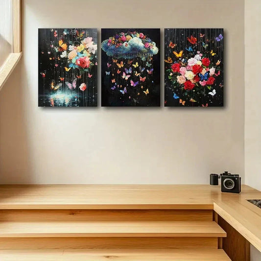 3pcs Vibrant Flower & Butterfly Colorful Floral Metal Print Ready to Hang Art