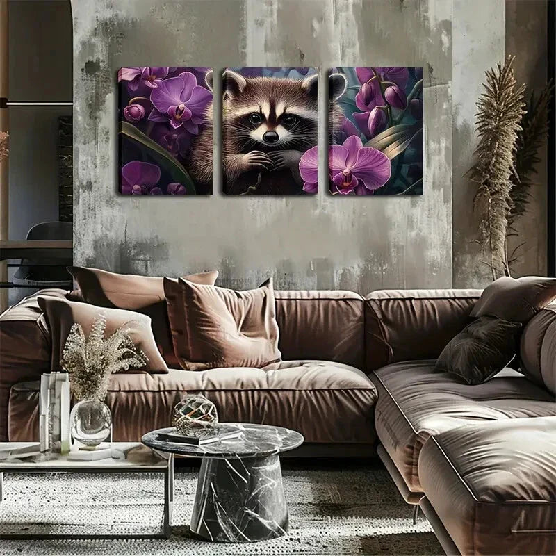 3pcs Raccoon & Orchid Dreamy Landscape Wall Art Set Canvas Framed 40x60cm - High Quality Print 100% Australian Made Wall Canvas Ready to Hang