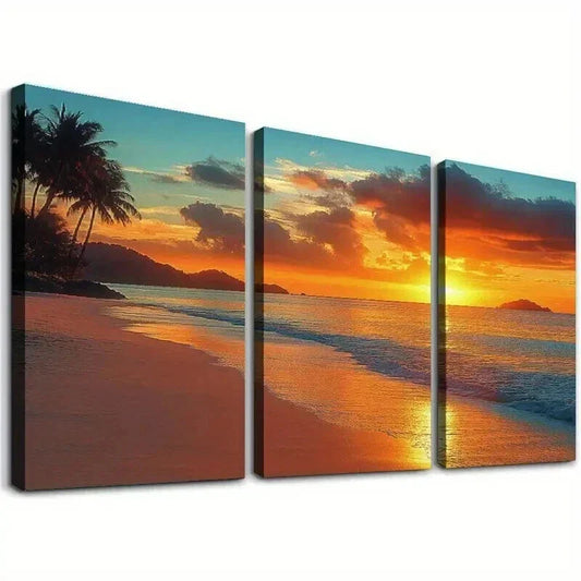 3pcs Palm Tree Beach Sunset Coastal Theme Wall Art Set Canvas Framed 40x60cm - High Quality Print 100% Australian Made Wall Canvas Ready to Hang