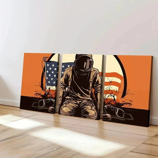 3pcs Military Boots Helmet Rifle Abstract Wall Art Set Canvas Framed 40x60cm - High Quality Print 100% Australian Made Wall Canvas Ready to Hang