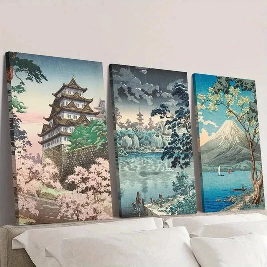 3pcs Japanese Retro Landscapes Decoration Wall Art Set Canvas Framed 40x60cm - High Quality Print 100% Australian Made Wall Canvas Ready to Hang