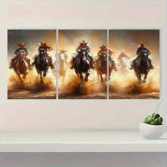 3pcs Cowgirls Riding Horses Western Style Metal Print Ready to Hang Art