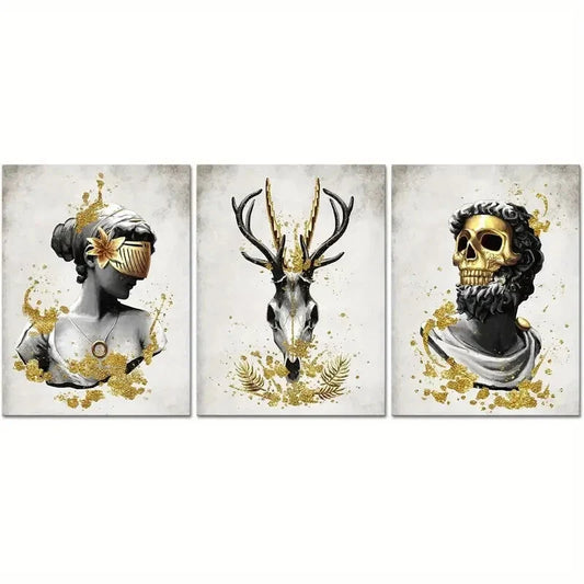 3pcs Black and White Deer Head, Woman Metal Print Ready to Hang Art