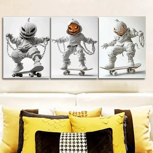 3pcs Featuring a Sinister Pumpkin Metal Print Ready to Hang Art