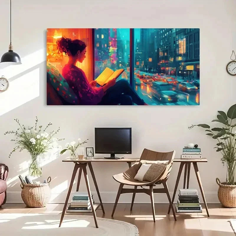 Cityscape Girl Rain Reading Wall Art Canvas Office Home Room Framed 120x60cm