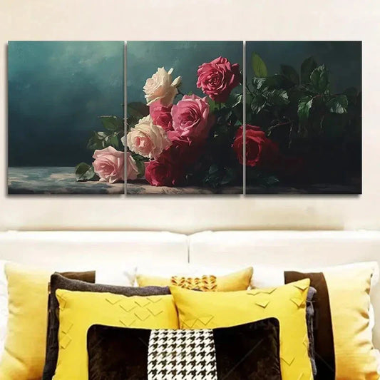 3pcs Oil painting pink and white rose Metal Print Ready to Hang Art