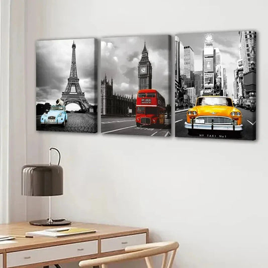 3pcs Eiffel Towers Big Ben & NYC Scenes Vintage Wall Art Set Canvas Framed 40x60cm - High Quality Print 100% Australian Made Wall Canvas Ready to Hang