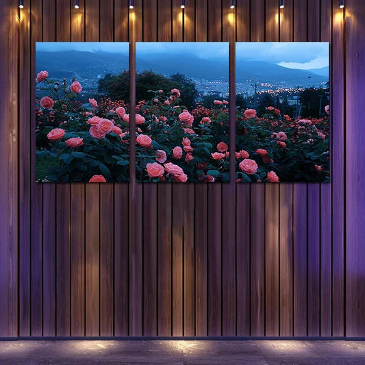 3pcs Garden Full of Pink Roses Metal Print Ready to Hang Art