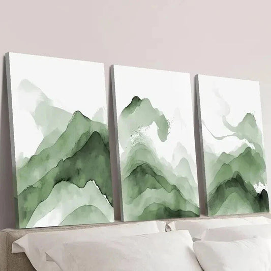 3pcs Abstract Green Mountain Watercolor Wall Art Set Canvas Framed 40x60cm - High Quality Print 100% Australian Made Wall Canvas Ready to Hang