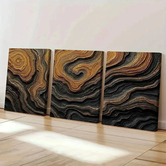 3pcs Abstract Black and Golden Bold Earthy Wall Art Set Canvas Framed 40x60cm - High Quality Print 100% Australian Made Wall Canvas Ready to Hang