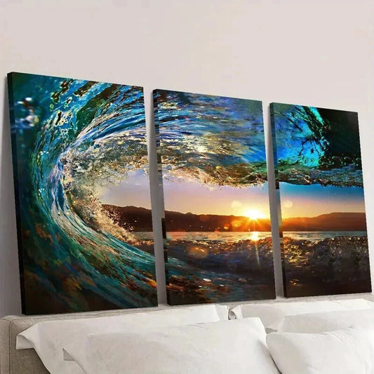 3pcs Huge Wave Tides And Sunset Landscape Wall Art Set Canvas Framed 40x60cm - High Quality Print 100% Australian Made Wall Canvas Ready to Hang