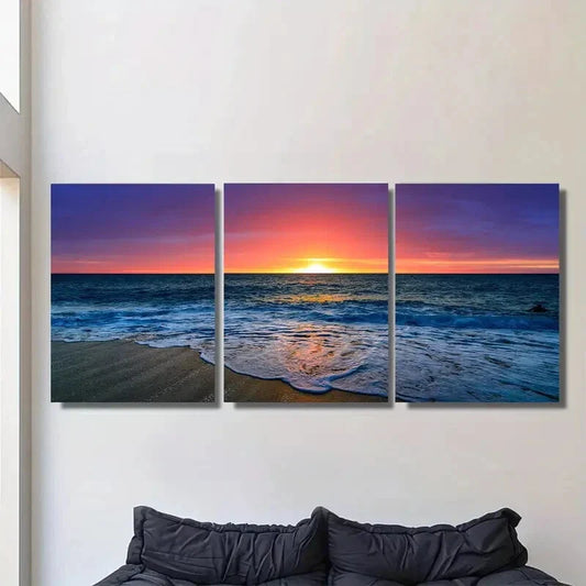 3pcs Sunset Beach Triptych Vibrant Sunset Hues Metal Print Ready to Hang Art