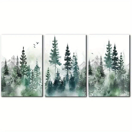 3pcs Misty Forest Green Mountain Metal Print Ready to Hang Art