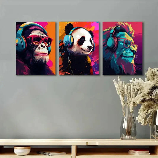 3pcs Cool Retro Gaming Gorilla Panda Lion Metal Print Ready to Hang Art