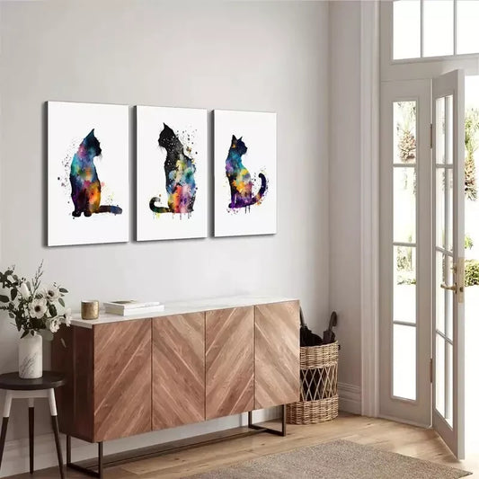 3pcs Modern Feline Cat Watercolor Aesthetic Wall Art Set Canvas Framed 40x60cm - High Quality Print 100% Australian Made Wall Canvas Ready to Hang