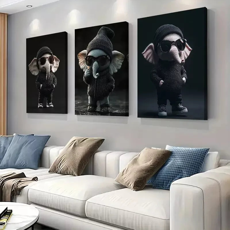3pcs Cool Elephant with knitted hat and sunglass Wall Art Set Canvas Framed 40x60cm - High Quality Print 100% Australian Made Wall Canvas Ready to Hang