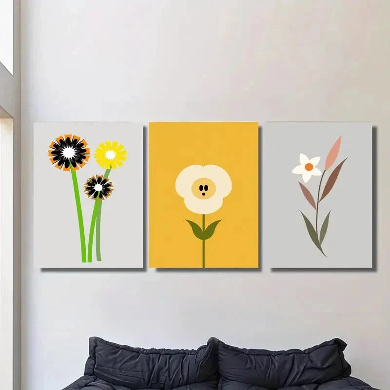 3pcs Abstract Flower with Black & Yellow Metal Print Ready to Hang Art